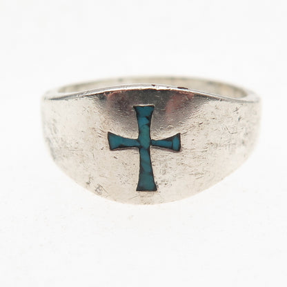Old Pawn 925 Sterling Silver Vintage Turquoise Inlay Cross Tribal Ring Size 10