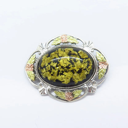 925 Sterling Silver / 12K Gold Vintage Gold Flakes Leaf Ornate Pin Brooch