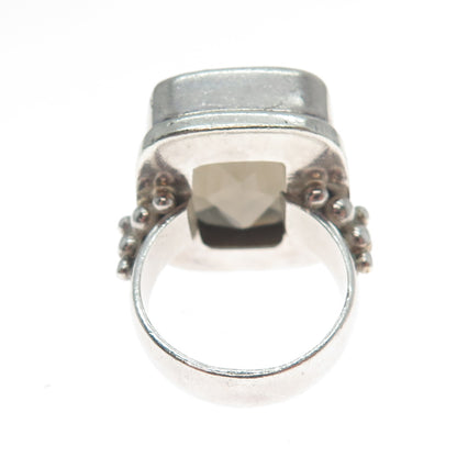 925 Sterling Silver Vintage Real Smoky Quartz Modernist Beaded Ring Size 6.5