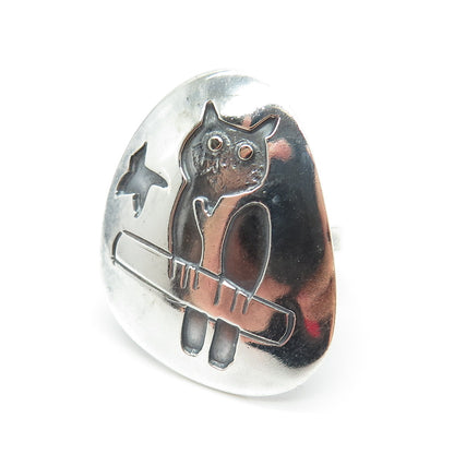 925 Sterling Silver Vintage Mexico Modernist Owl Oxidized Ring Size 4.75