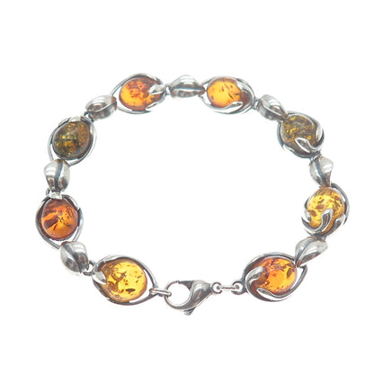 VALERIO V-8 Sterling Silver Vintage Poland Amber Modernist Floral Bracelet 6.75"