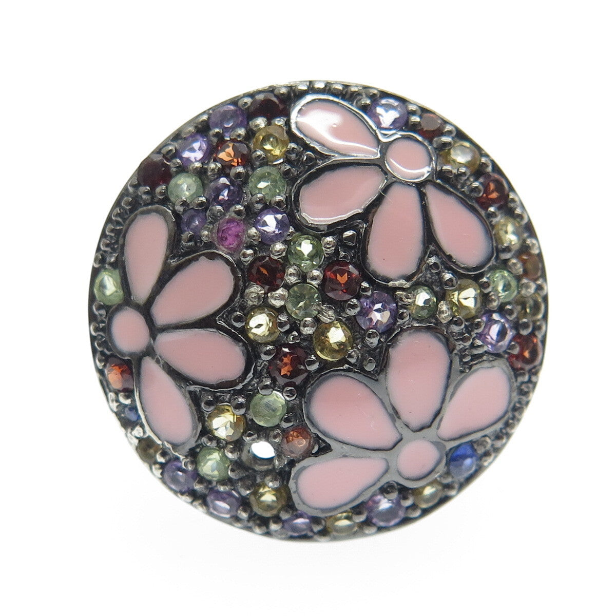925 Sterling Silver Black Rhodium Enamel Real Multi-Sapphire Ring Size 7.25