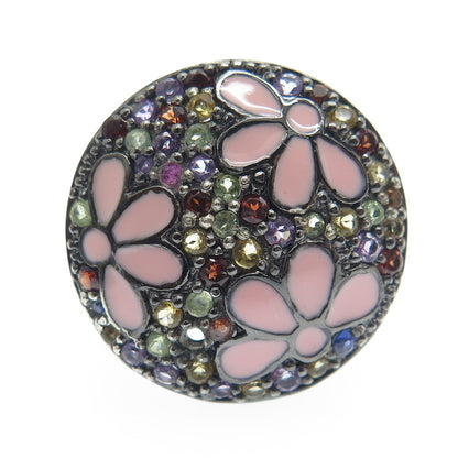 925 Sterling Silver Black Rhodium Enamel Real Multi-Sapphire Ring Size 7.25