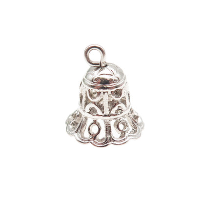 925 Sterling Silver Vintage Faux Pearl Ornate Bell 3D Mini Charm Pendant