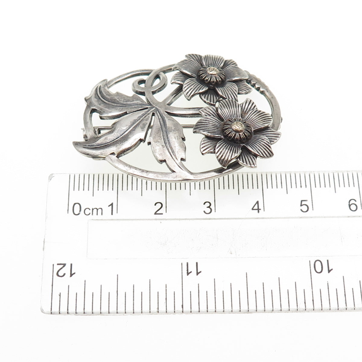 925 Sterling Silver Antique Art Deco Flower Oxidized Pin Brooch