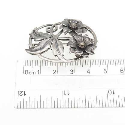 925 Sterling Silver Antique Art Deco Flower Oxidized Pin Brooch