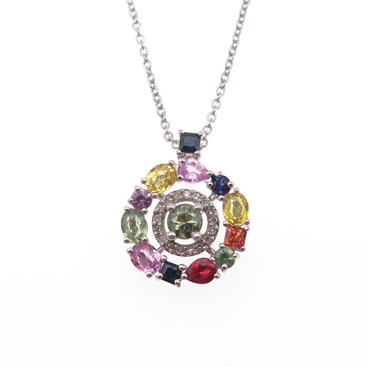 925 Sterling Silver Real Diamond & Multi-Color Sapphire Cable Chain Necklace 18"