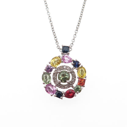 925 Sterling Silver Real Diamond & Multi-Color Sapphire Cable Chain Necklace 18"