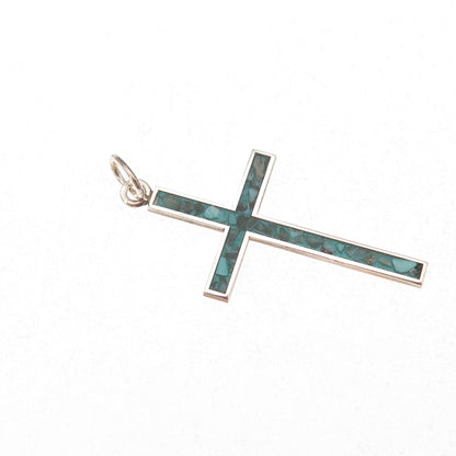 925 Sterling Silver Vintage Real Turquoise Inlay Cross Charm Pendant