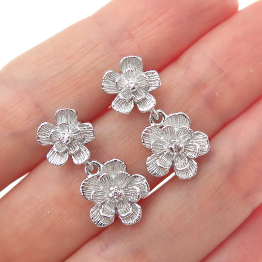 925 Sterling Silver Round-Cut C Z Flower Blossom Dangle Earrings