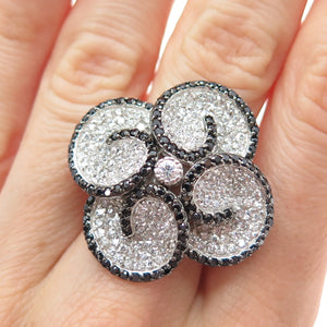 925 Sterling Silver Round-Cut Black & White C Z Flower Blossom Ring Size 8.25