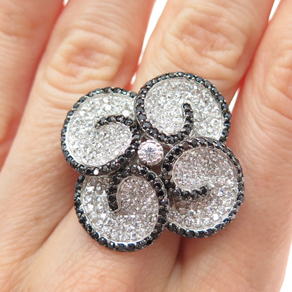 925 Sterling Silver Round-Cut Black & White C Z Flower Blossom Ring Size 8.25