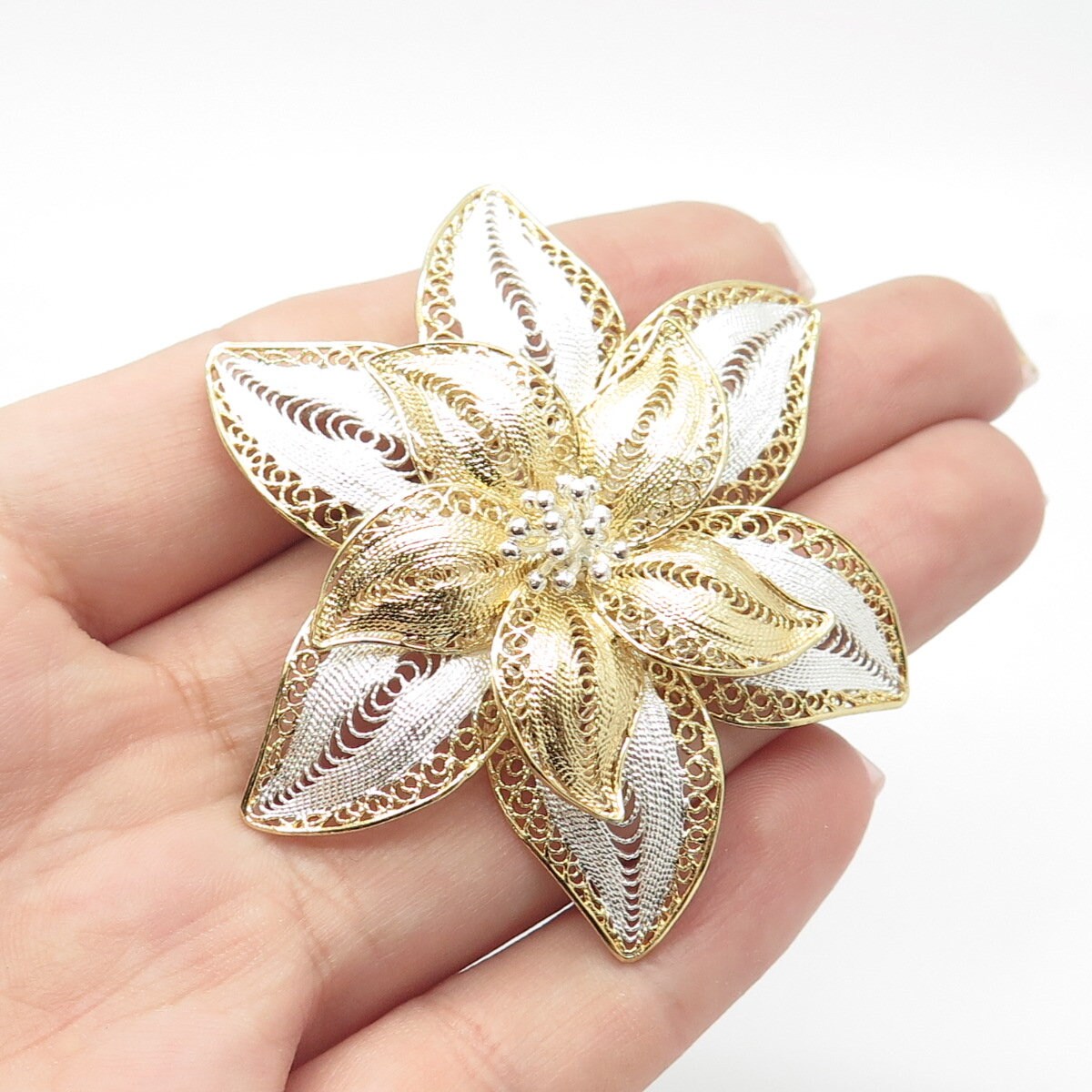 925 Sterling Silver 2-Tone Vintage Filigree Floral Pin Brooch
