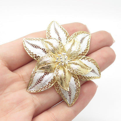 925 Sterling Silver 2-Tone Vintage Filigree Floral Pin Brooch