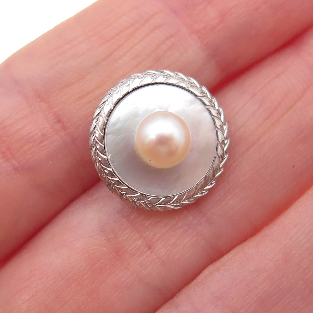 925 Sterling Silver Antique Art Deco Real Akoya Pearl & MOP Button