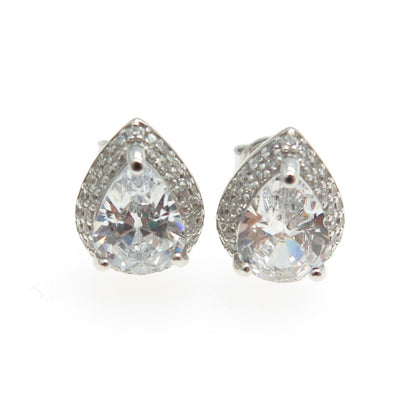 925 Sterling Silver Round & Pear-Cut C Z Teardrop Earrings
