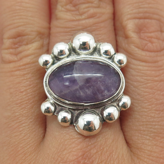 925 Sterling Silver Vintage Real Amethyst Beaded Modernist Ring Size 7.25