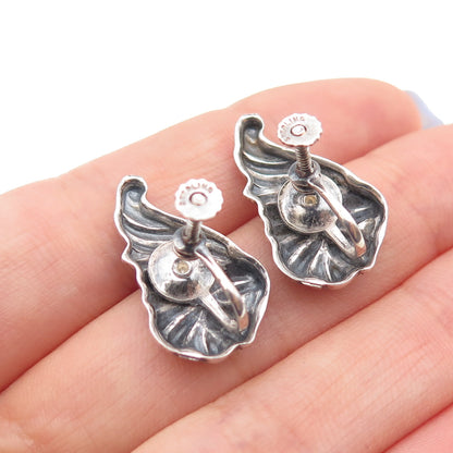 925 Sterling Antique Art Deco Lily Flower Repousse Oxidized Screw Back Earrings