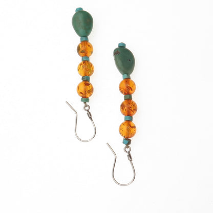 925 Sterling Silver Vintage Real Turquoise & Amber Beaded Dangle Earrings