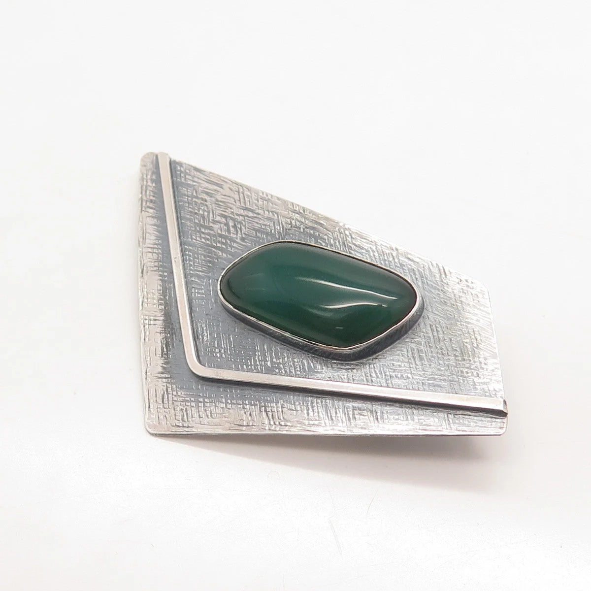 935 Silver Vintage Real Green Onyx Gemstone Textured Pin Brooch / Pendant