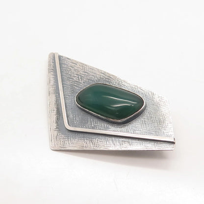 935 Silver Vintage Real Green Onyx Gemstone Textured Pin Brooch / Pendant