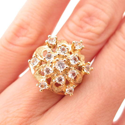 Uncas 925 Sterling Silver Gold Plated Vintage Round-Cut C Z Floral Ring Size 6
