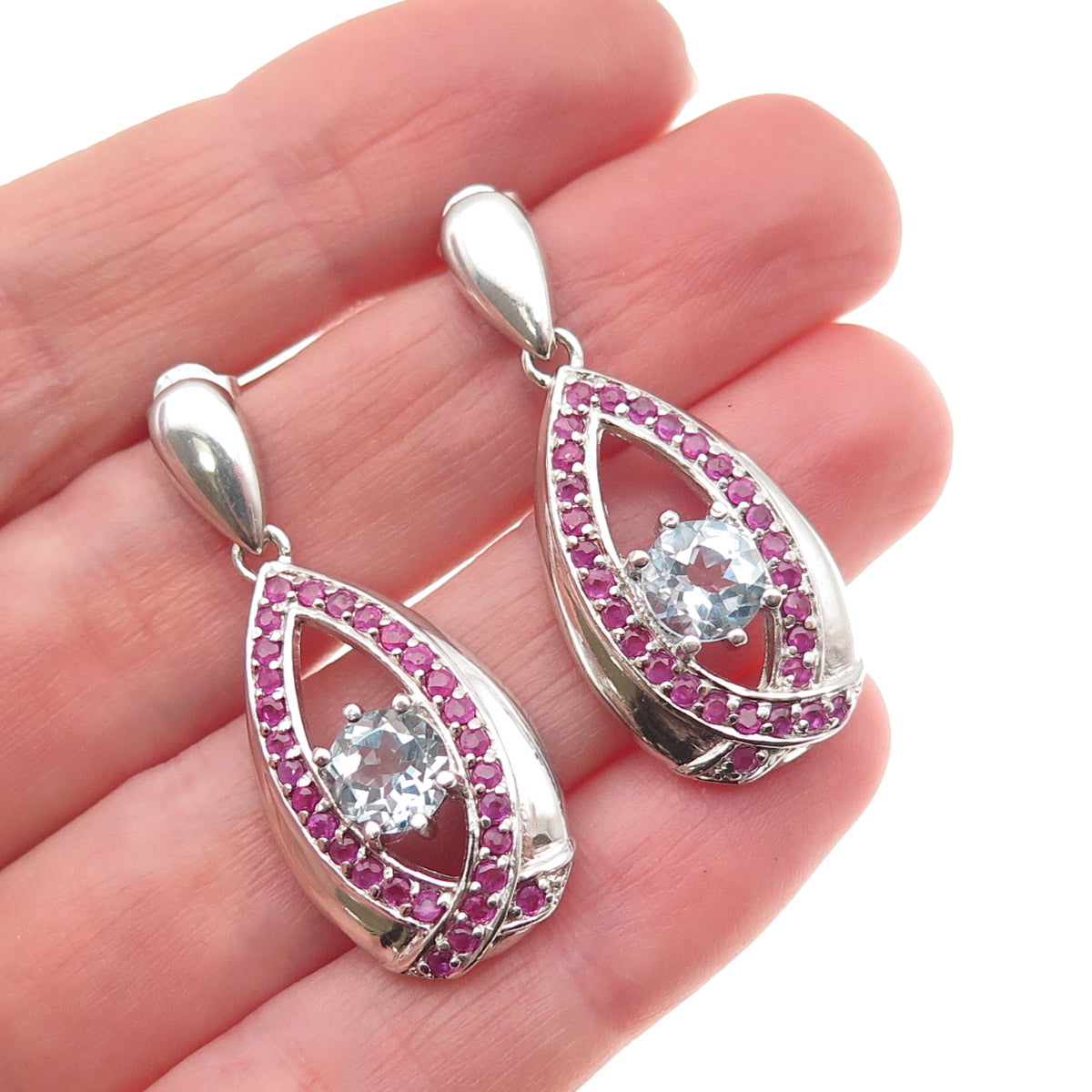 SX Sally C 925 Sterling Silver Real Blue Topaz & Ruby Teardrop Dangle Earrings