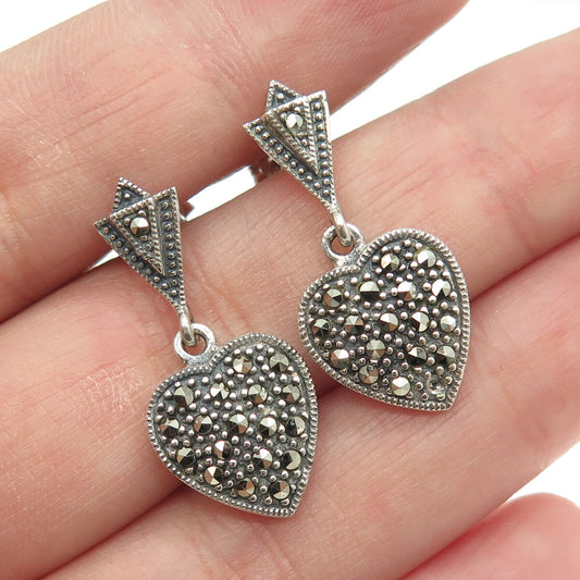 925 Sterling Silver Vintage Real Marcasite Heart Dangling Earrings