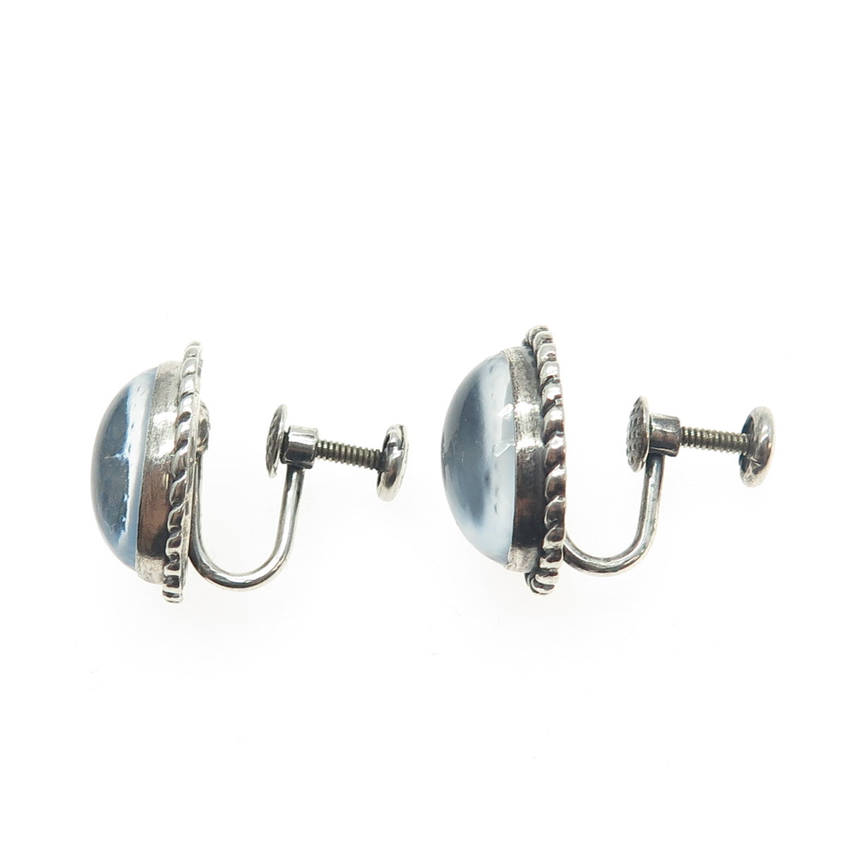 DANECRAFT 925 Sterling Silver Antique Art Deco Opalite Roped Screw Back Earrings