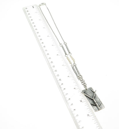 925 Sterling Silver Vintage Real Pearl Branch Modernist Bar Chain Necklace 18"