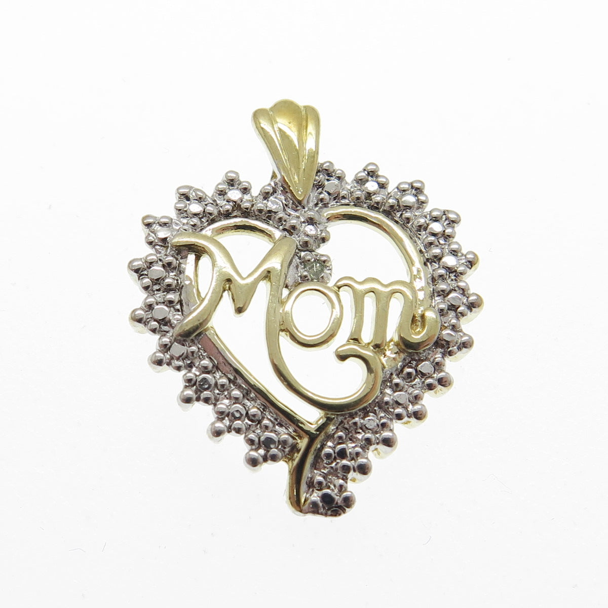 925 Sterling Silver 2-Tone Real White Diamond "Mom" Open Heart Pendant