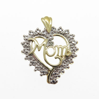 925 Sterling Silver 2-Tone Real White Diamond "Mom" Open Heart Pendant