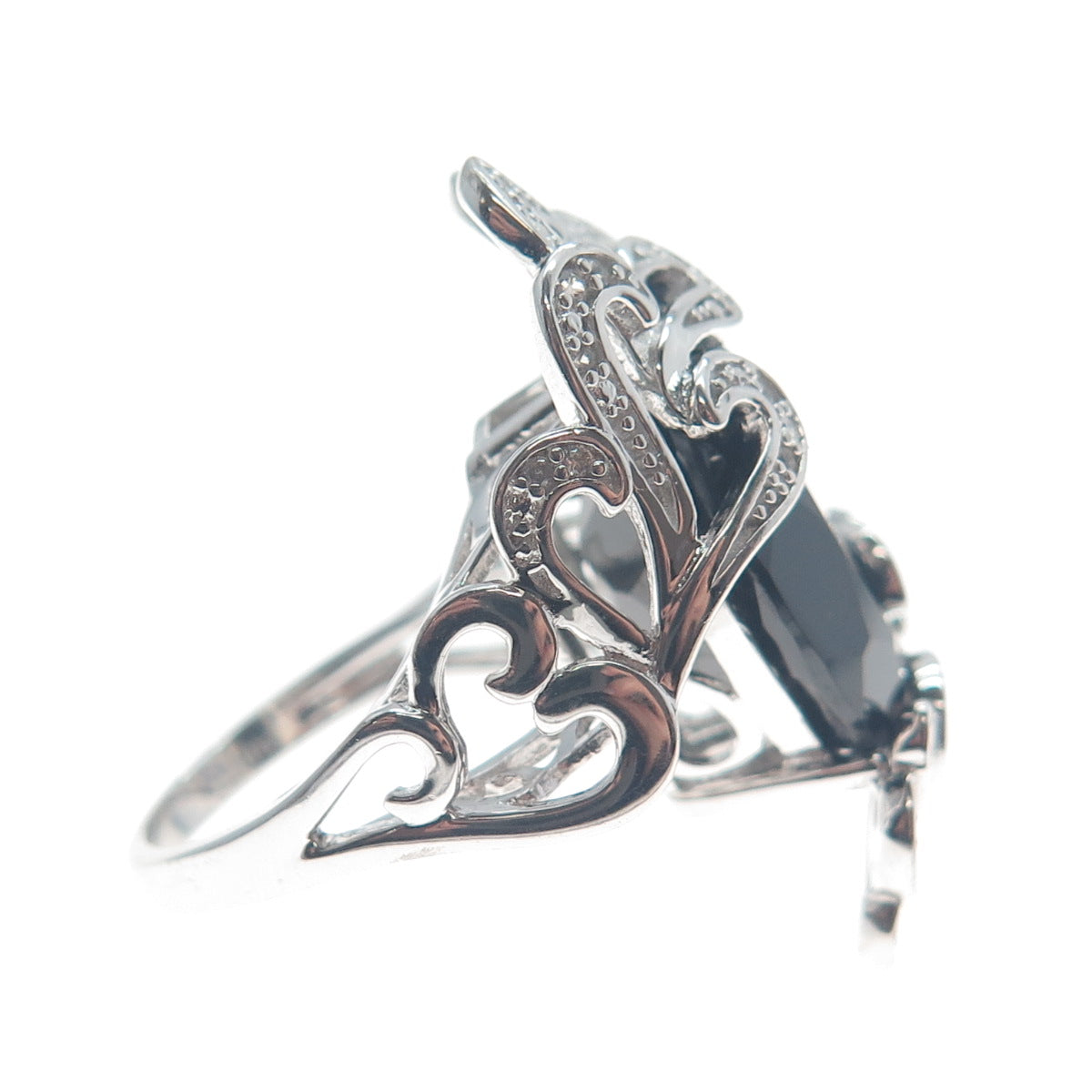 CHUCK CLEMENCY 925 Sterling Silver Real Black Spinel White Topaz Ring Size 7.25