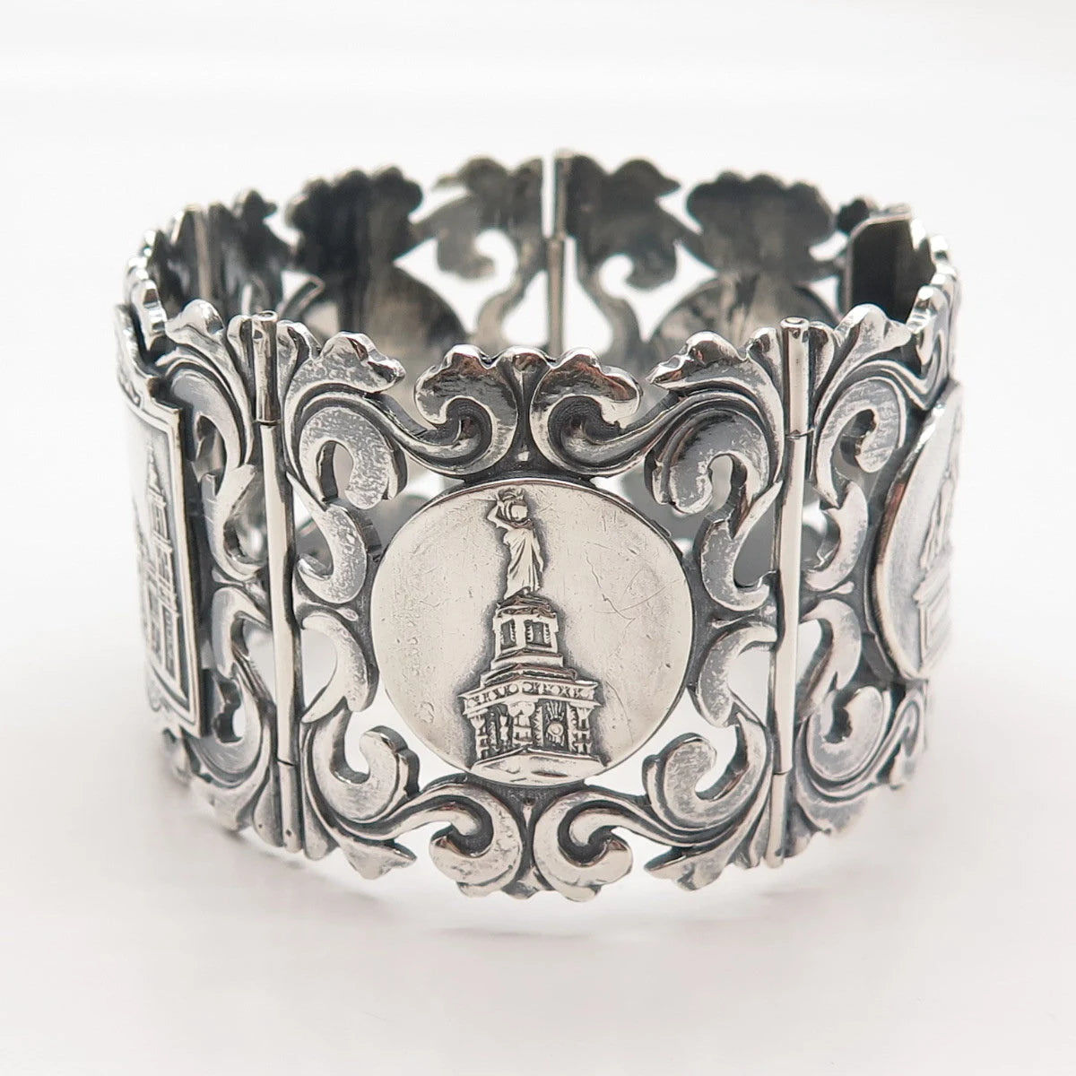 925 Sterling Silver Vintage Mexico Orante Wide Panel Link Bracelet 7.75"