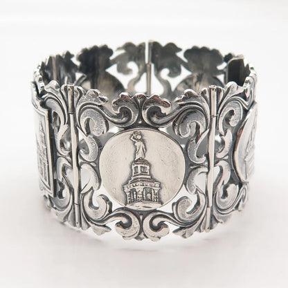 925 Sterling Silver Vintage Mexico Orante Wide Panel Link Bracelet 7.75"