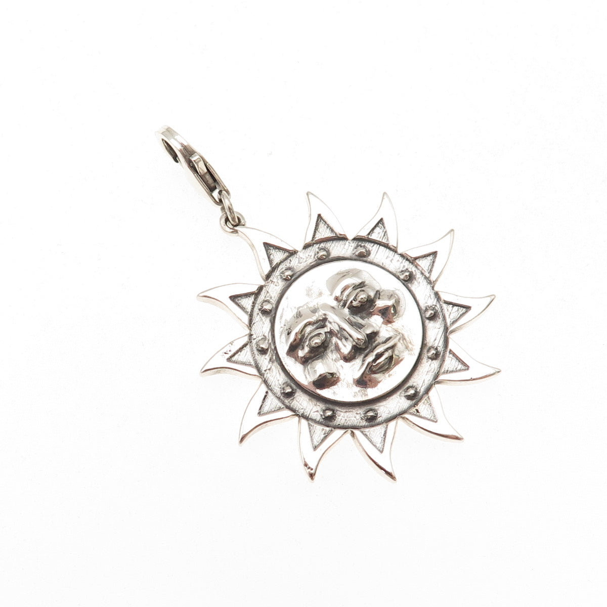 925 Sterling Silver Vintage Sun Face Lobster Lock Clasp Oxidized Pendant