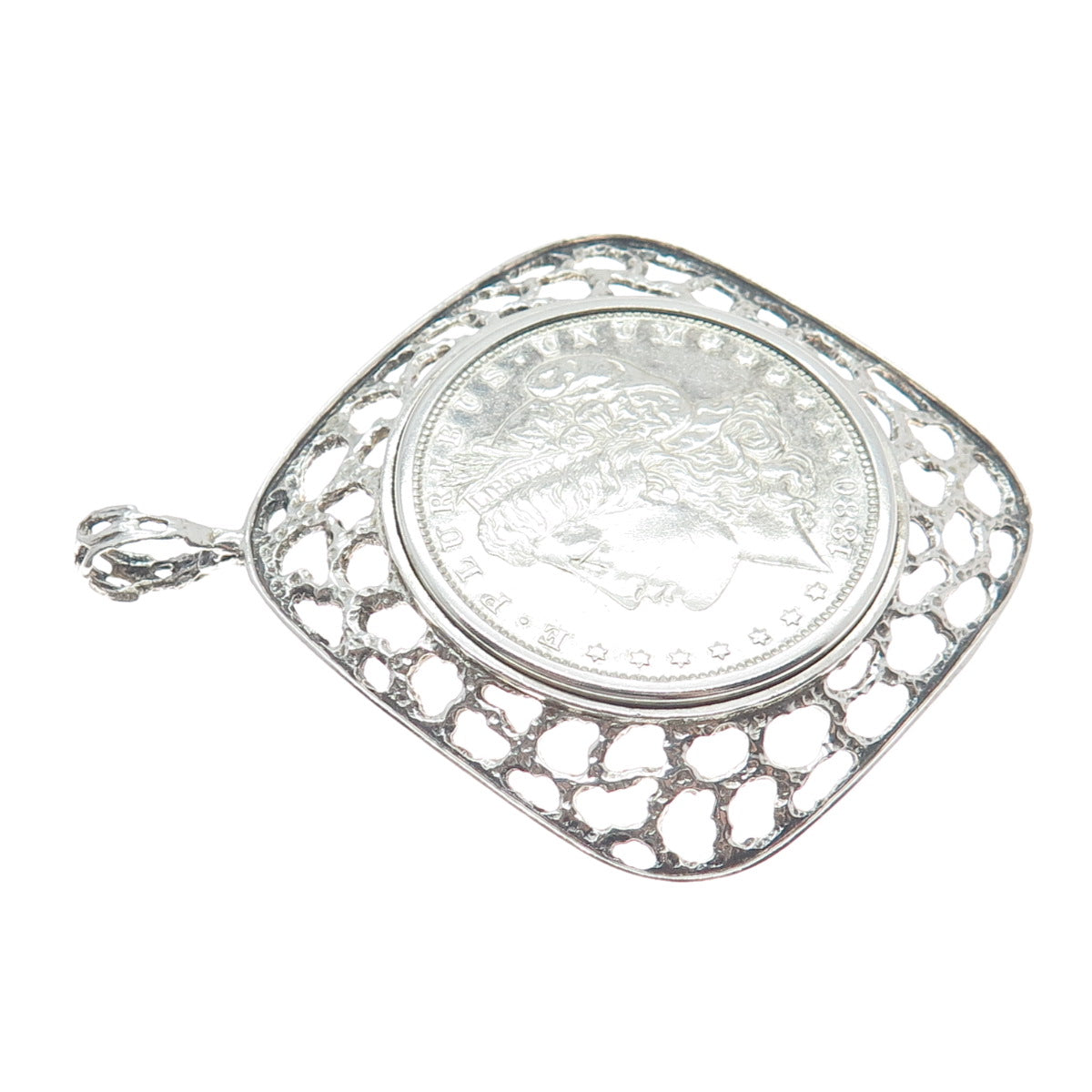 925 Sterling Frame 900 Silver Antique 1880 1 US Dollar "Morgan Dollar" Pendant