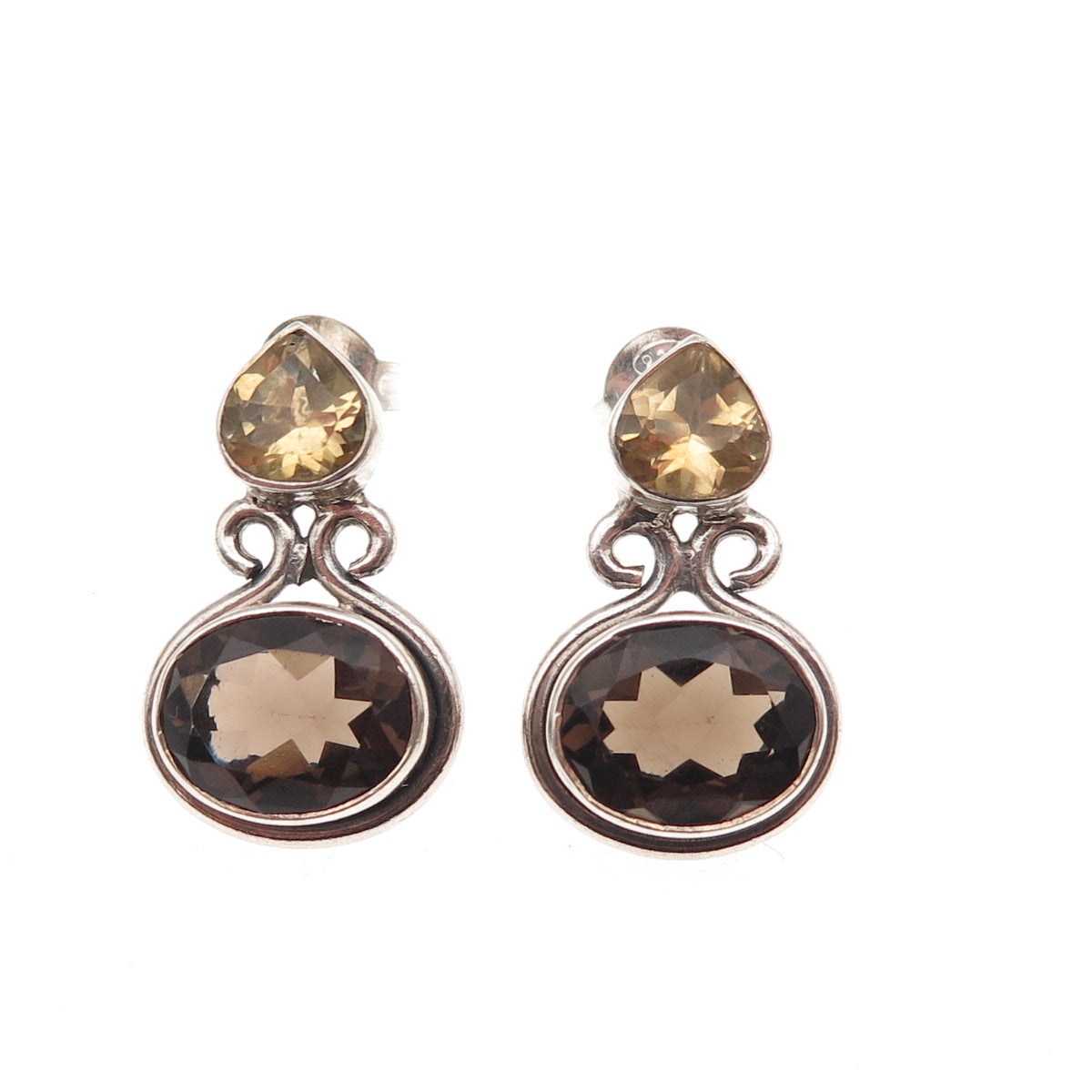 SX Sally C 925 Sterling Silver Vintage Real Smoky Quartz & Citrine Earrings