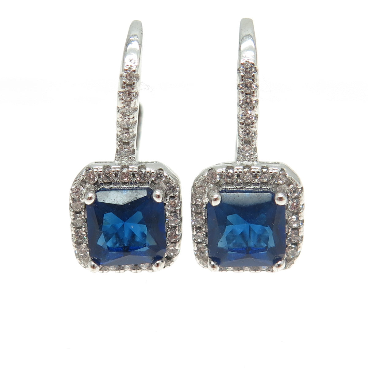 925 Sterling Silver Princess & Round-Cut Blue White C Z Cushion Earrings