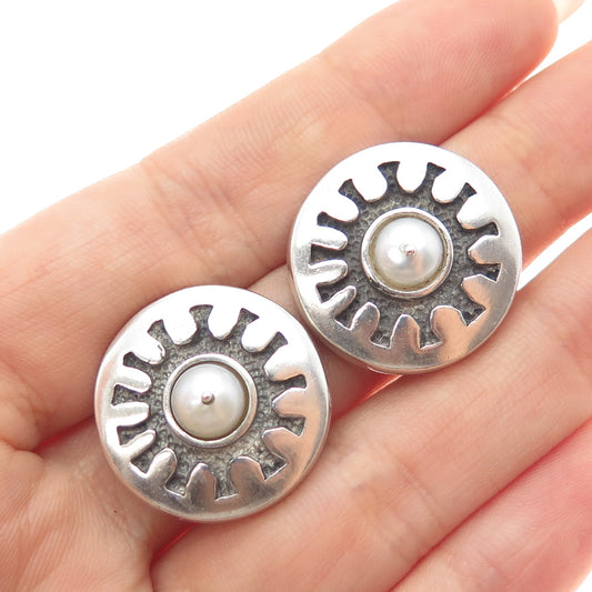 LISA JENKS 925 Sterling Vintage Real Pearl Modernist Oxidized Clip On Earrings