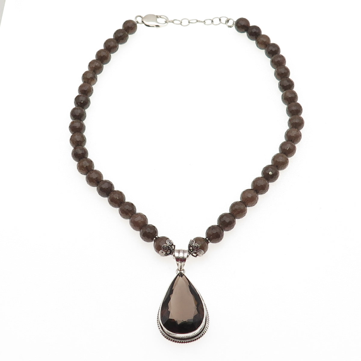 925 Sterling Silver Vintage Real Smoky Quartz Ball Beaded Necklace 16-18"