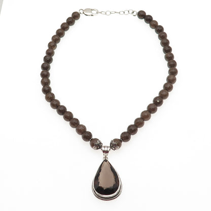 925 Sterling Silver Vintage Real Smoky Quartz Ball Beaded Necklace 16-18"