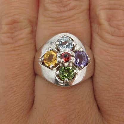 925 Sterling Silver Real Topaz Garnet Citrine Peridot & Amethyst Ring Size 8.25