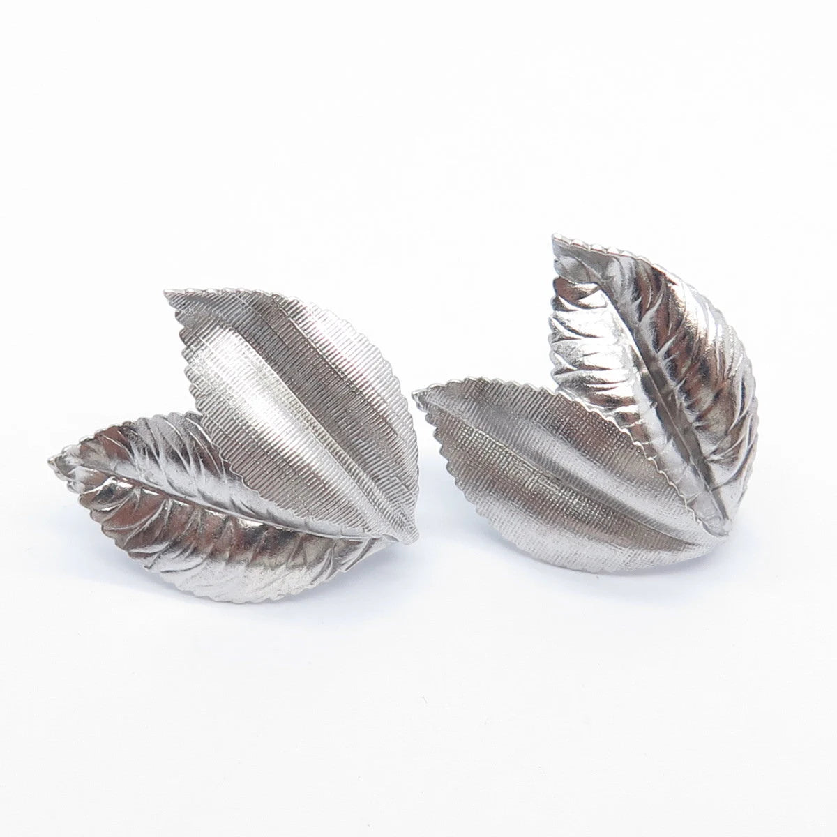 925 Sterling Silver Vintage Van Dell Textured Leaf Screw Back Earrings