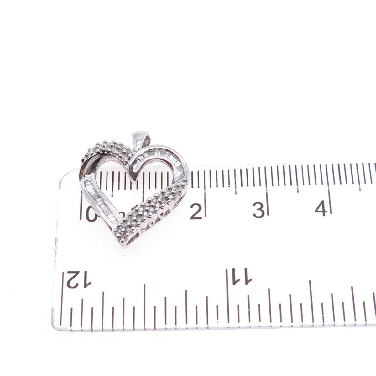 SUN 925 Sterling Silver Real Round & Tapered Baguette-Cut Diamond Heart Pendant