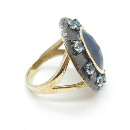 DSMK 925 Sterling Silver 2-Tone Real Sapphire & Blue Topaz Ring Size 6.75