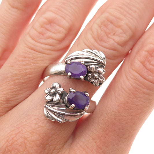Old Pawn 925 Sterling Silver Vintage Amethyst Floral Adjustable Ring Size 9.5