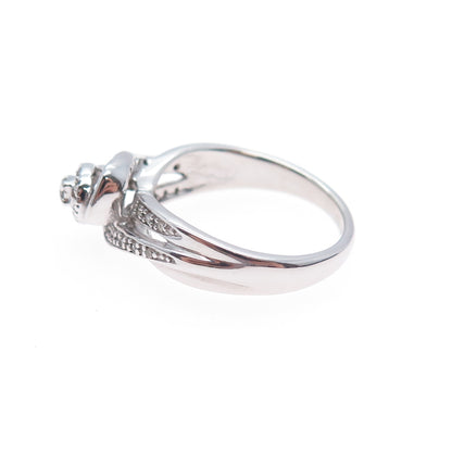 925 Sterling Silver Real Round-Cut Diamond Swirl Flower Ring Size 7
