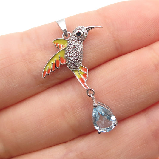 925 Sterling Silver Enamel Real Blue Topaz Black & White C Z Hummingbird Pendant