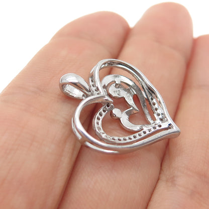 SUN 925 Sterling Silver 2-Tone Real Diamond Mom & Child Heart Charm Pendant